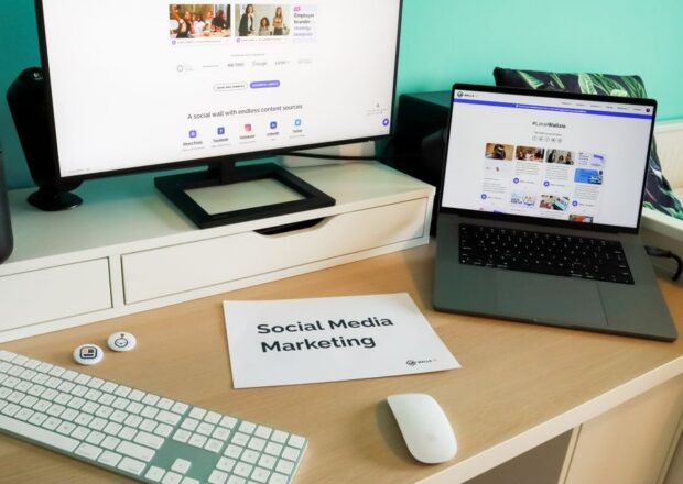 Modern digital marketing agency workspace showing collaboration and global campaign planning